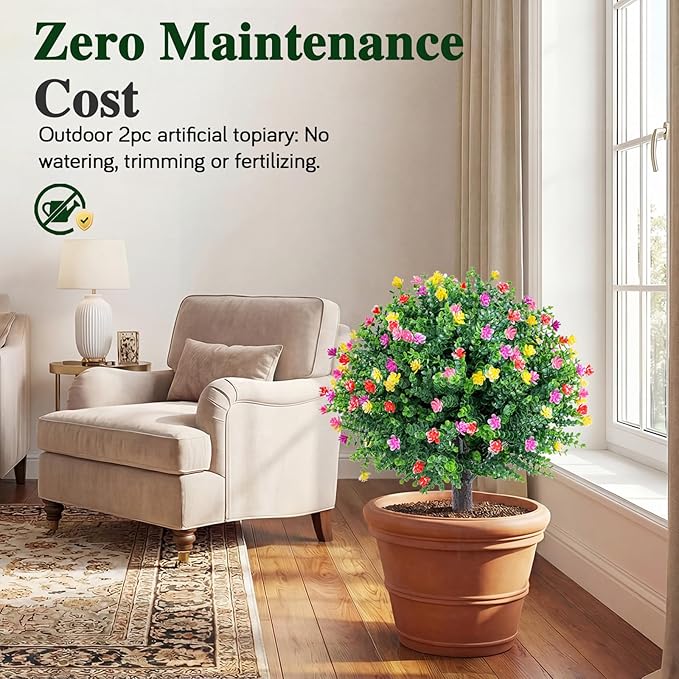 PATIO CHOICE Topiary Trees Artificial Outdoor Boxwood Ball Trees with Ground Spike Set of 2 22" Fake Outdoor Plants Faux Bushes and Shrubs Decorations for Outdoor Indoor Front Porch Garden