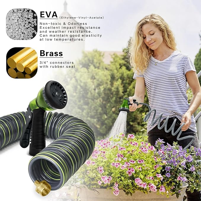 Coil Hose 75FT EVA Coil Garden Hose With 3/4'' Brass Connector Coiled Water Hose Lightweight And No Kink Includes 7 Patterns Spray Nozzle For Outdoors Lawn Watering Car Washing