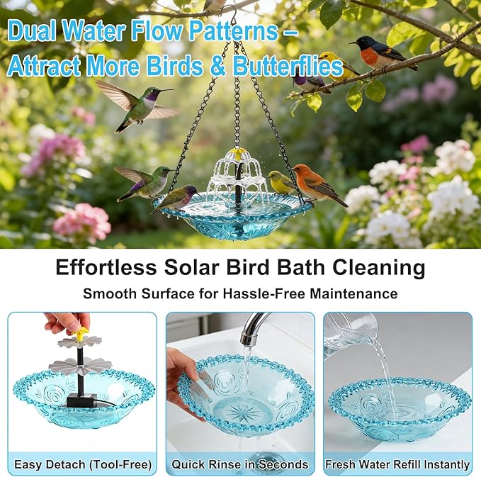 Yeomi Solar Fountain for Bird Bath, Solar Cascade Hanging Bird Bath Fountain, Large Hummingbird Bath with Solar Pump & Clear Blue Bowl, Outdoor Garden Decor