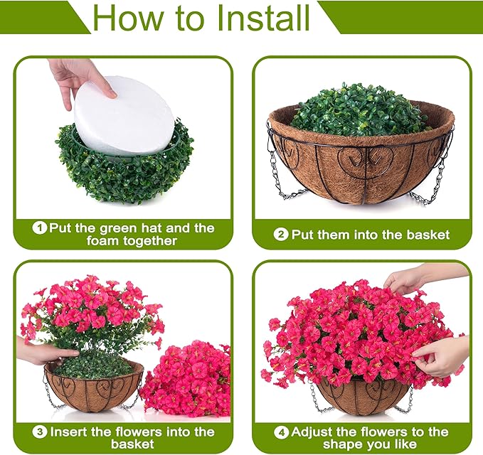 Artificial Fake Hanging Flowers Plants Baskets for Outdoors Spring Summer Decor, Faux Silk Morning Glory in Planter UV Resistant Realistic for Outside Porch Patio Balcony Garden Yard Home, Hotpink
