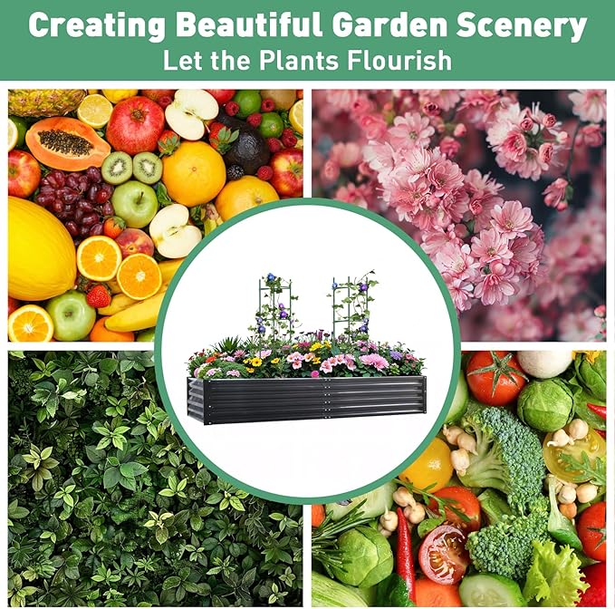 Metal Raised Garden Bed 8x4x1.5Ft Tall Outdoor Large Metal Galvanized Planter Boxes Kit for Vegetables, Flowers and Herbs,Garden Beds with 2Pcs Tomato Cage 1Pc Gloves,Black