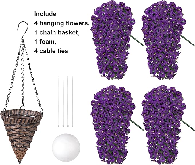 Artificial Fake Flowers Plants Hanging Baskets Outdoor Outside Spring Decor, Faux Silk Purple UV Resistant Look Real Morning Glory Home Patio Porch Balcony Decoration