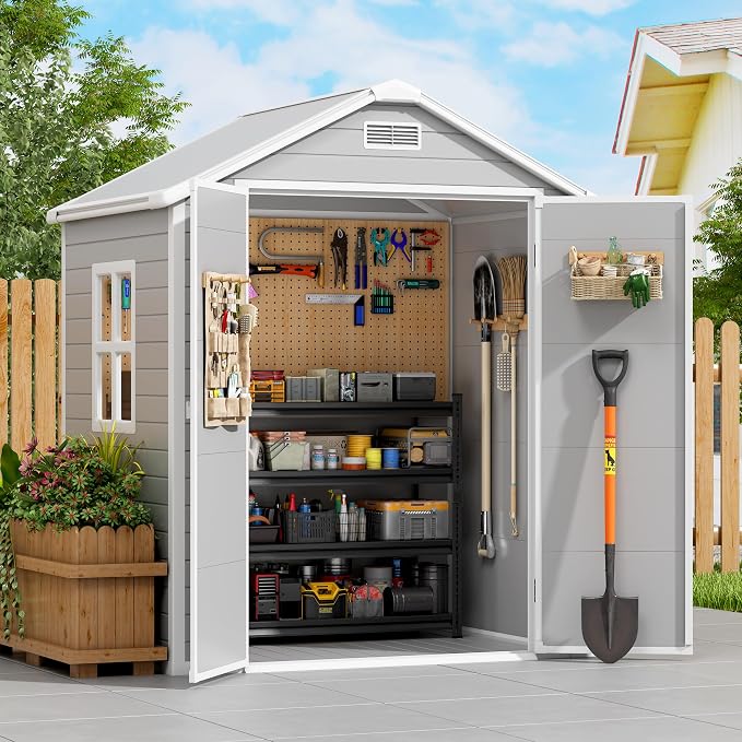 PIPLEO 6x4 FT Resin Outdoor Storage Shed with Floor, Plastic Garden Storage Shed with Lockable Door & Vent, All Weather Versatile Tool Shed for Backyard, Patio, Lawn, Cloud Gray