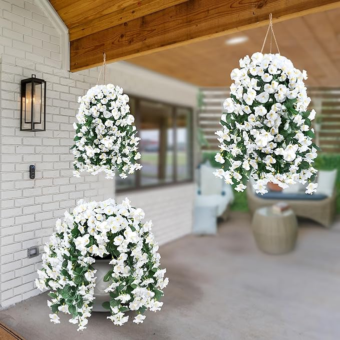 Sggvecsy Artificial Fake Hanging Flowers Plants for Outdoor Outside Spring Summer Decoration 2PCS Faux Silk UV Resistant Realistic Morning Glory Trailing Vines for Home Porch Patio Balcony(White)