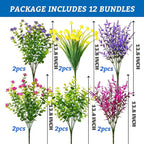12 Bundles Artificial Fake Flowers Outdoor, 6 Styles UV Resistant No Fade Faux Plastic Greenery Shrubs Plants for Hanging Garden Porch Window Box Farmhouse Outside Decoration