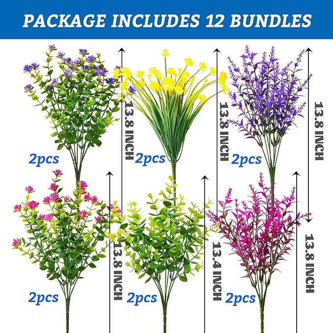 12 Bundles Artificial Fake Flowers Outdoor, 6 Styles UV Resistant No Fade Faux Plastic Greenery Shrubs Plants for Hanging Garden Porch Window Box Farmhouse Outside Decoration