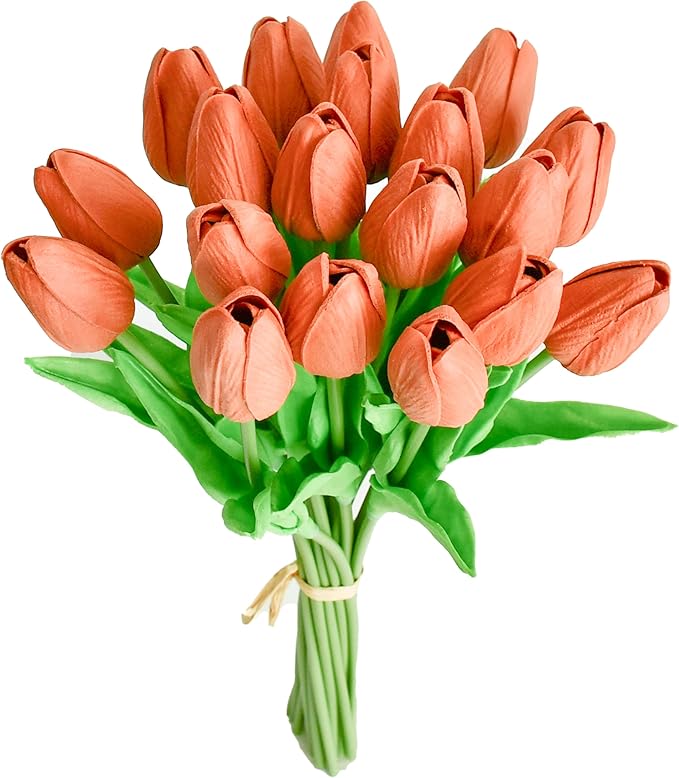 Mandy's Terracotta Artificial Tulips Flowers Centerpiece, 13.5" Lifelike PU Fake Floral Stems 20pcs for Kitchen Island & Dining Table, Spring Decor for Easter