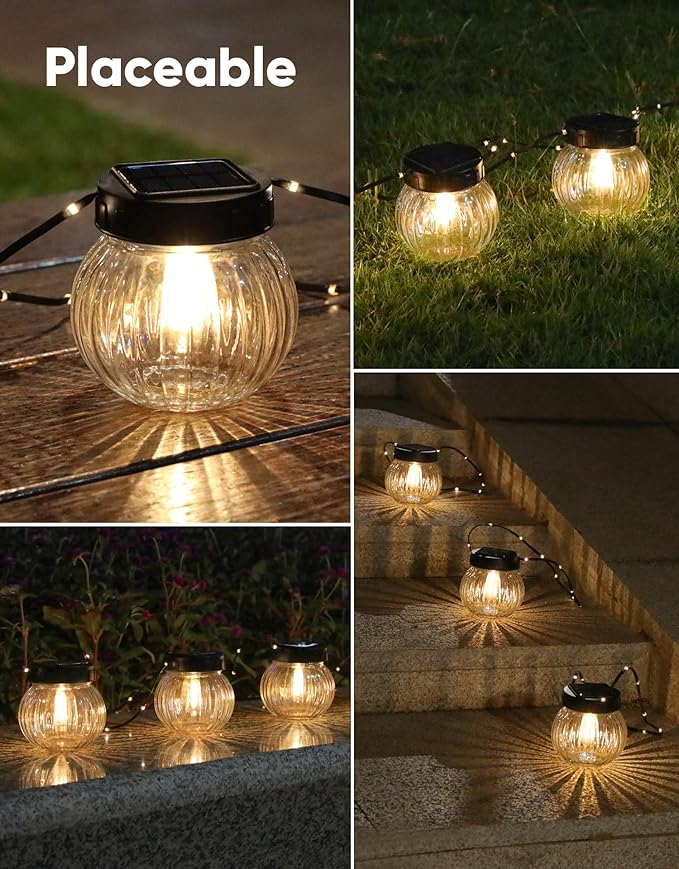 PARTPHONER Solar Lights Outdoor Waterproof 12-Pack, Solar Powered Hanging Lantern Ribbed Glass Hanging Globes for Yard Decor Christmas Decoration, Shepherd Hook, Garden Tree Ornaments, Clear