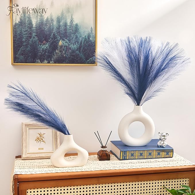 50PCS Pampas Grass Decor, 17" Pampas Grass, Fluffy Small Pampas Grass for Vase Filler Home Wedding Wall Table Party Decoration（Blue&White）