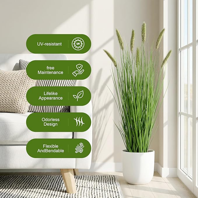Artificial Cattail Reed Grass Plants Indoor ，Faux Cattail Grass Plant Artificial Plant Grass Outdoor,Fake Grass Tall Green Onions Fake Plant， Living Room Kitchen Office Decoration 47“2 Pcs