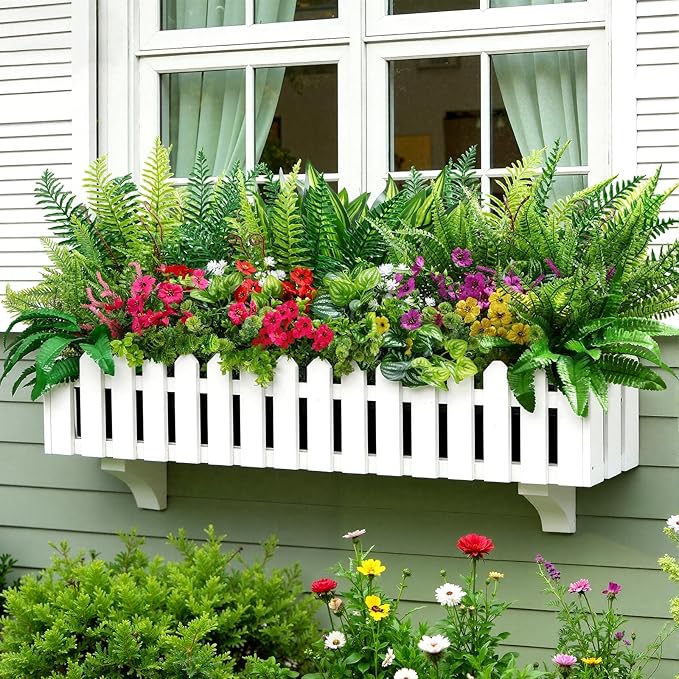 Alupssuc 48 Pcs Artificial Plants Flowers for Outdoors, Realistic Faux UV Resistant Greenery & Silk Flowers,Fake Plastic Shrubs Stems No Fade for Indoor Outside Garden Patio Spring Planter Home Decor