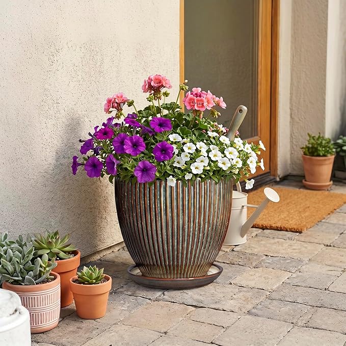 Ceramic Pots for Plants, 10 Inch Planters for Indoor Plants, Decorative Planter with Drainage Hole and Saucer, Round Indoor Plant Pots, Modern Planter, House Decor, Women Men Gifts, Retro Brown