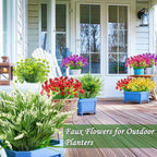 Artificial Flowers for Outdoors, UV Resistant No Fade 16 Bundles 7 Styles Fake Flowers Outdoor Faux Plant Colorful Daisy Boston Fern Lavender Cemetery Flowers for Outside Porch Patio Indoor Home Decor