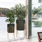 Oakrain Mid Century Planters for Indoor Plants, Set of 2, Modern Decorative Metal Pots for Living Room, Office, Garden or Balcony, Black&Golden Honeycomb, 10" &12"