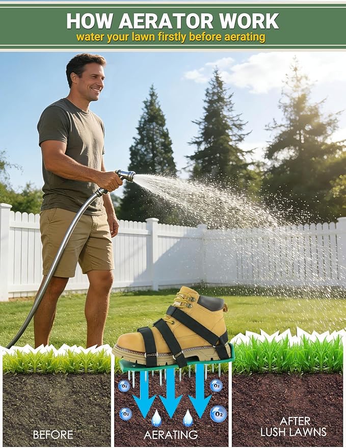 Lawn Aerator Shoes for Grass, Pre-Assembled Heavy Duty Aerator Lawn Tool with Hook and Loop Straps, One Size Fits All Spiked Shoes for Effectively Aerating Yard Garden Lawn Patio Soil, No Installation