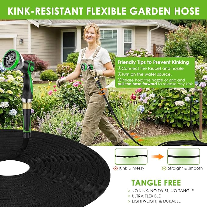 Non-Expanding Garden Hose 150 ft, Lightweight Hose & Flexible Water Hose With 10-Pattern Spray Nozzle, Kink-Free Design, Durable Leakproof Yard Outdoor Hose, Portable Storage Strap, 150 Feet