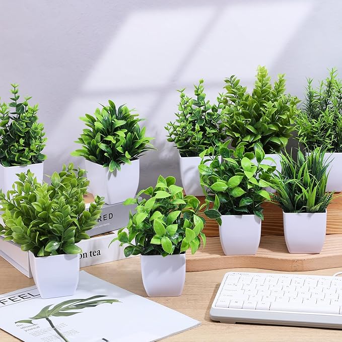 Kifmurase 12Pcs Fake Plants, Mini Artificial Greenery Potted Plants for Shelf, Small Artificial Faux Eucalyptus for Home Decor, Indoor, Office, Desk, Shelf, Table Decoration