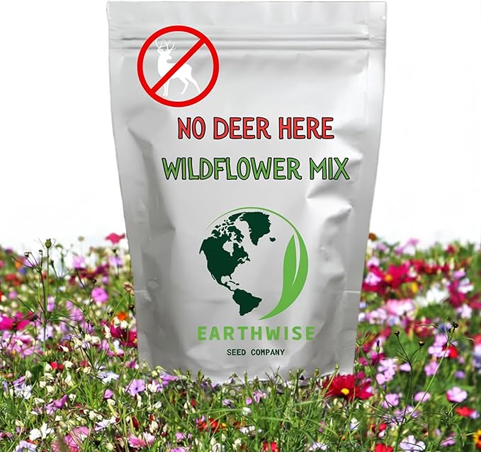 Earthwise No Deer Here Wildflower Seed Mix – Deer-Resistant Seeds, Easy Grow, Colorful Blooms, Drought Tolerant, Pollinator Friendly, Pet Safe, Organic, Chemical-Free – Covers Up to 750 sq ft, 1/2 lb
