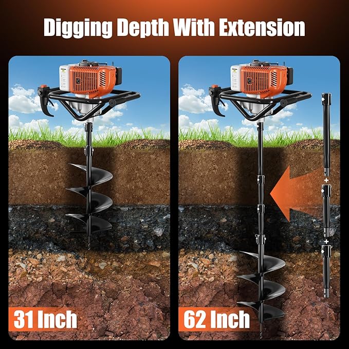 Baotree Post Hole Digger, 72cc Auger Post Hole Digger, Gas Powered Earth Digger with 2 Auger Drill Bits(6" & 8") + 2 Extension Rods31.5 & 15", for Farmland, Garden and Plant (72CC)