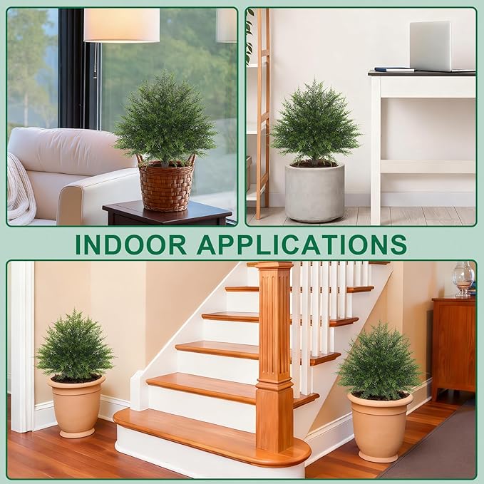 Artificial Cedar Topiary Ball Trees,16'' UV Resistant Fake Evergreen Shrubs Bushes Plants with Ground Spike 2 Set of Fake Plants for Outdoor Indoor Front Porch Garden