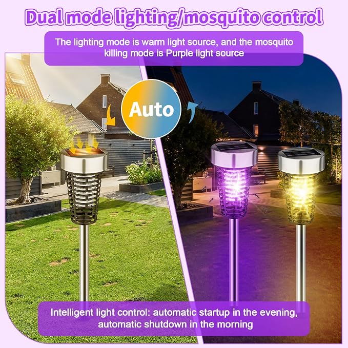 Qualirey 4 Pack Solar Bug Zapper Outdoor Waterproof Mosquito Repellent Killer Bug Zapper Lamp with LED Light for Outdoor Garden Patio Yard (Purple and Warm Light,Silver)