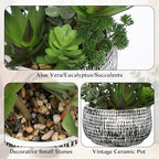 11” Large Succulents Aloe Plants Artificial in Ceramic Pots Potted Faux Succulent Eucalyptus Arrangement with Black Bowl Pots Fake Desk Succulents Plants for Home Bathroom Shelf Table Indoor Decor