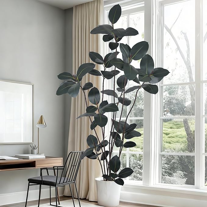 Artificial Rubber Tree 7.2FT(86in) Tall Faux Trees with Realistic Leaves, Fake Rubber Floor Potted Artificial Plants for Home Office Living Room Indoor Outdoor Decor (7.2feet,1Pack)