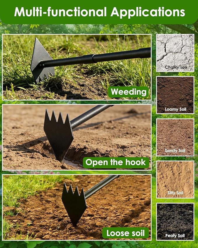 Luvenia 2-in-1 Hoe Garden Tool and Weed Puller Tool, 60 Inch Long Handle Garden Hoe Heavy Duty, Stainless Steel Triangle Hoe for Gardening Planting, Weeding, Digging, Loosening Soil, Sharp Edge