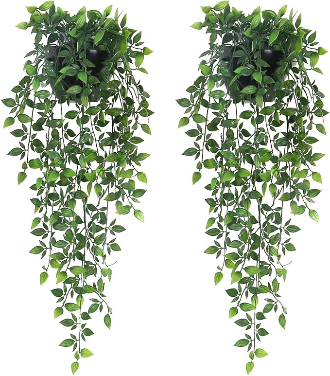 Artificial Hanging Plants,2 Pack Fake Wall Plants,Faux Mandala Vines Potted Plant,Plastic Greenery with Wall Planter for Indoor Outdoor Garden Patio Office Décor