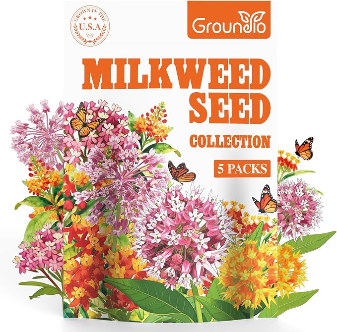 Groundio Milkweed Seeds for Planting, Attract Monarch Butterflies & Pollinators, 5 Individual Packs Flower Seeds -Tropical, Butterfly, Common, Showy, Pink Swamp, Non-GMO Perennial Wildflower Seeds