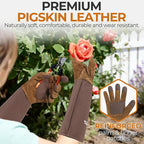 HANDLANDY Long Gardening Gloves for Men & Women, Cowhide Leather Rose Pruning Gloves- Breathable & Durable Gauntlet Glove (X-Large, Brown)