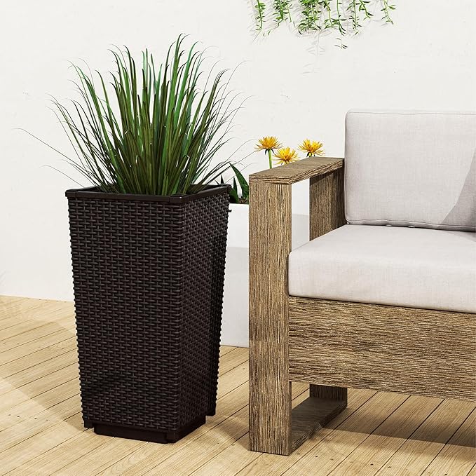 Giantex Set of 2 Outdoor Wicker Flower Pot, 23 Inch Tall Planters with Drainage Hole, Self-Watering Tray, Rattan Flower Pots, Indoor Outdoor Decoration for Front Porch Balcony Entryway (Dark Brown)