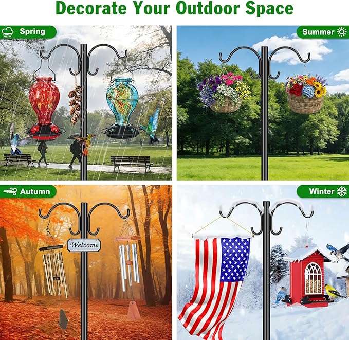 Heavy Duty Double Shepherd Hooks for Outdoor 1-in Dia with 5-Prong Base, 88inch Adjustable Decorative Metal Bird Feeder Pole for Hanging Bird Nest, Plant Basket,Lantern,Solar Light 2 Pack
