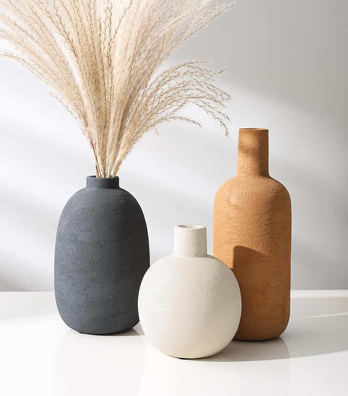 Ceramic Vase Set, Rustic Distressed Large Flower Vases in Pottery Decor, Modern Boho Farmhouse Decor for Pampa Grass, Dried & Fresh Flower, Decorative Vase for Living Room, Kitchen, Entryway, Rust Red