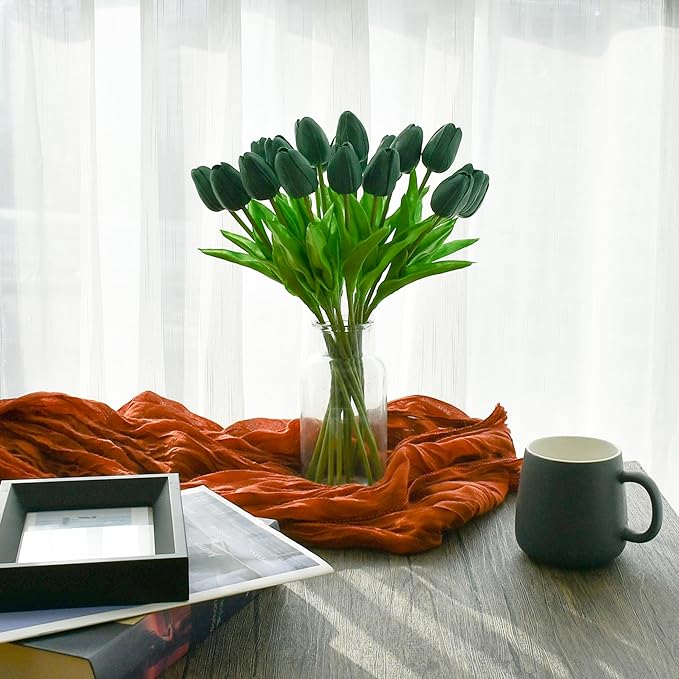 Mandy's Dark Green Artificial Tulips Flowers Centerpiece, 13.5" Lifelike PU Fake Floral Stems 20pcs for Kitchen Island & Dining Table, Spring Decor for Easter