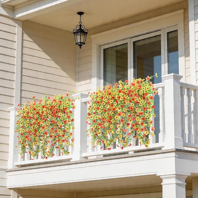 Fake Artificial Hanging Flowers for Outdoors, 2 Pcs Fake Hanging Plant Spring Summer Decor, UV Resistant No Fade Faux Silk Daisy Flower for Front Door Porch Planter Patio Yard Garden(Orange Yellow)