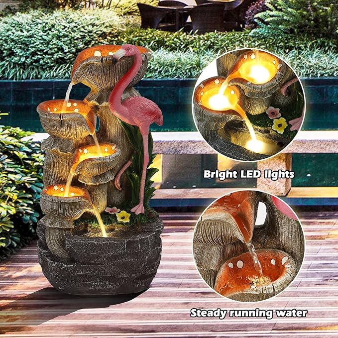 Grepatio Outdoor Water Fountain, 5 Tier Garden Waterfalls with 5 LED Lights, Modern Indoor/Outdoor Floor Standing Water Fountain with Pump for Garden, Patio, House Decor