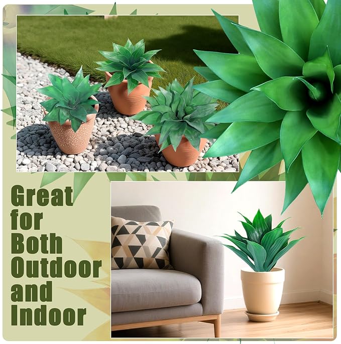Artificial Agave Plants, Realistic UV Resistant Fake Aesthetic Plants for Outdoor Indoor, Home Decor for Garden, Porch, Doorway, Patio (2PCS, Green, Small)