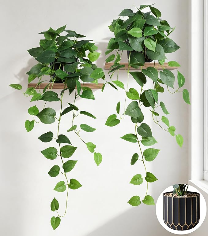Fake Plants 2 Pcs Faux Pothos Plants Potted Indoor Artificial Hanging Plants Realistic Fake Greenery Table Desk Bathroom Office Bedroom Living Room Shelf Modern Farmhouse Decor Indoor