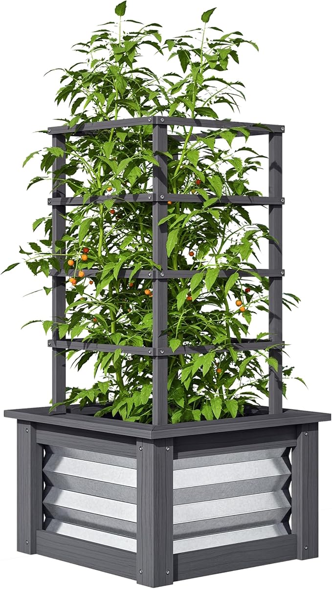 Outsunny Raised Garden Bed with Trellis, Wooden Planter Box with Galvanized Steel Sides, Raised Flower Bed for Climbing Plants, Flowers, Fruits and Vegetables, Gray