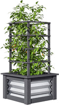Outsunny Raised Garden Bed with Trellis, Wooden Planter Box with Galvanized Steel Sides, Raised Flower Bed for Climbing Plants, Flowers, Fruits and Vegetables, Gray