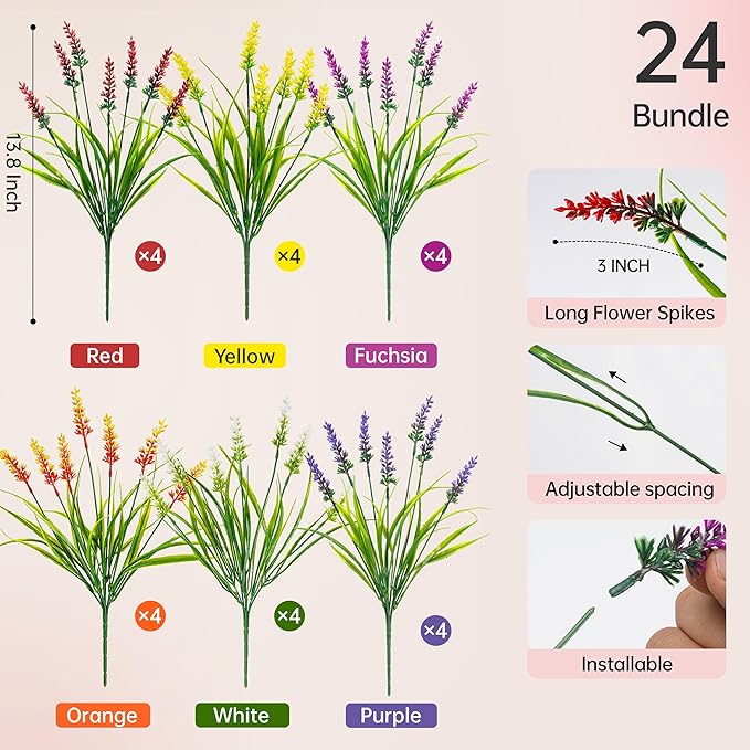 Der Rose 24 Bundles Artificial Plants Outdoor Fake Lavender Flowers UV Resistant Faux Plants Monkey Grass for Garden Porch Fence Patio Window Box Decor（Colorful）