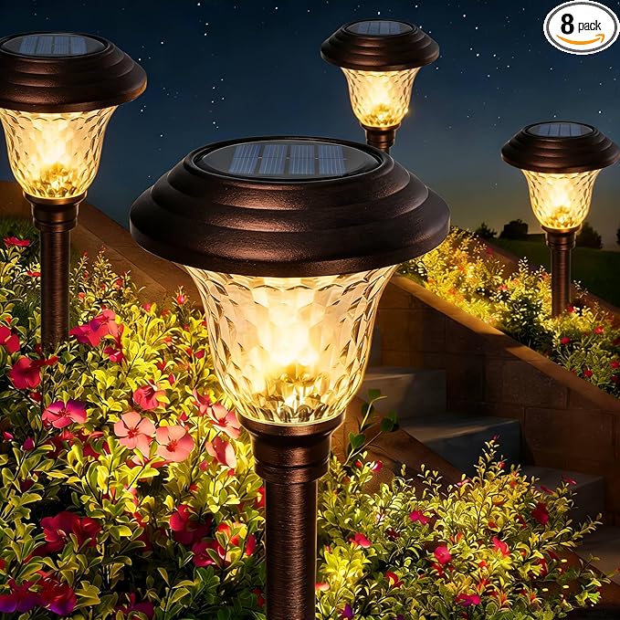 BEAU JARDIN 8 Pack Solar Pathway Lights Outdoor Solar Powered Waterproof Glass Christmas Gift High Lumen for Garden Landscape Path Yard Walkway Driveway White Color Changing Bronze