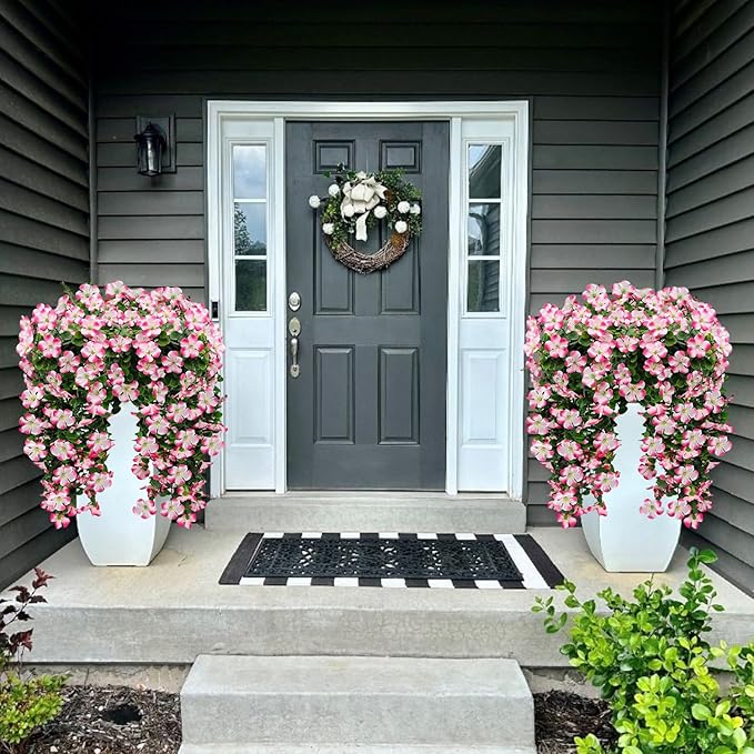 Artificial Geranium Hanging Flowers for Outdoor Decoration, 2 Bundles UV Resistant Silk Geranium Fake Plants Faux Flowers for Front Porch Garden Patio Window Box Outside Indoor Decor (Pink)