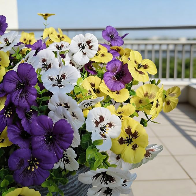 40 Pcs Artificial Fake Pansy Flowers for Outdoors, Faux Silk Pansies Spring Flowers UV Resistant Artificial Plants Outdoor for Planter Front Door Porch Yard Patio Home Decor(Purple Yellow White)