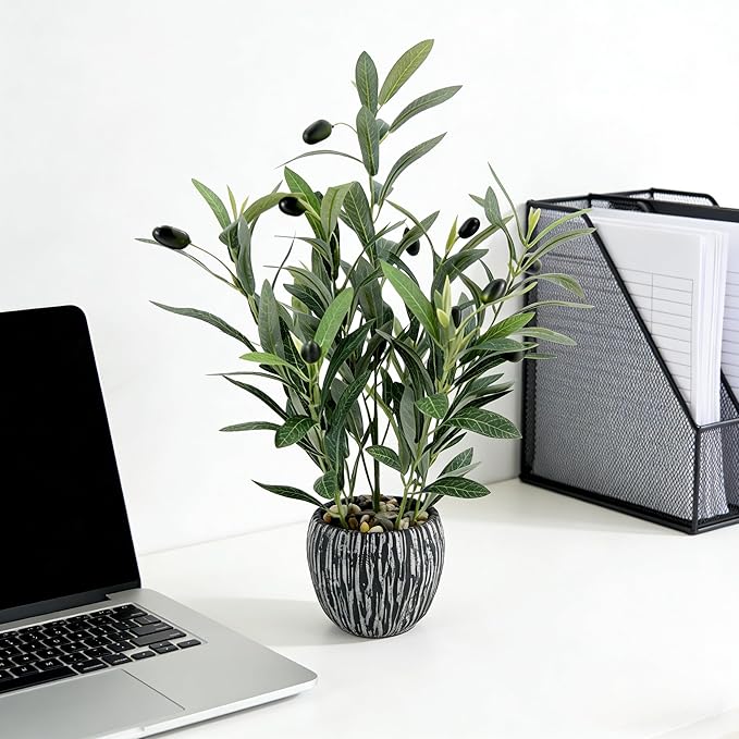 Olive Branches Artificial Plants Décor Indoor 17.72'' Tall Fake Olive Branch with Rustic Black Cement Planter for Vintage Room Bathroom Bedroom Kitchen Office Dese Coffee Table Décor