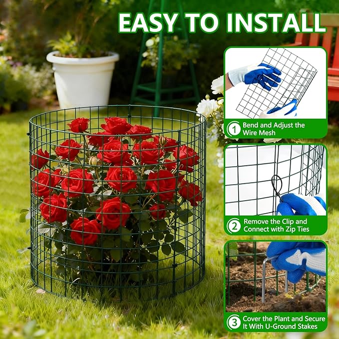 4 Pack Plant Protectors from Animals, 12''x16'' Metal Plant Cages for Outdoor Plants, Garden Plant Protector with Stakes & Zip Ties, Keep Rabbits Squirrels Out, Plant Cage for Flowers Vegetables