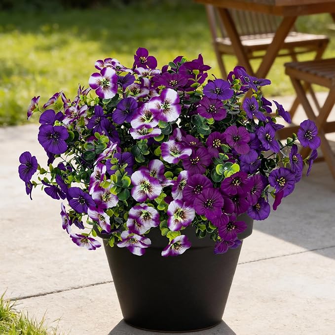 17 Inch Artificial Faux Pansy Flowers for Outdoor,Fake Pansies Flowers with Eucalyptus Leaves Fake Plants Greenery Boxwood Porch Patio Decor 6 Bundles(Dark Purple,Lotus Purple,Purple White)