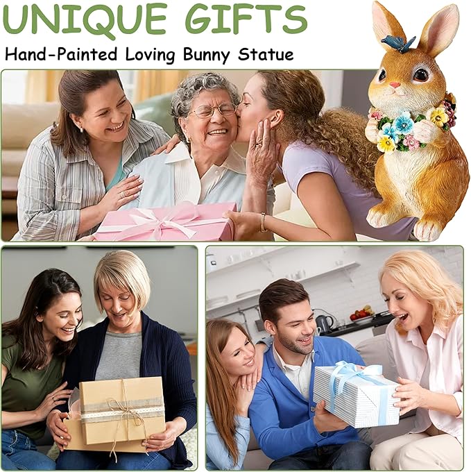 Solar Garden Statues Outdoor Bunny Decorations with Butterfly & Flowers Gifts for Mom, Grandma Spring Decor with 6 LED Night Accent Lights for Patio, Yard & Lawn, Mother Day Christmas Day Figurine