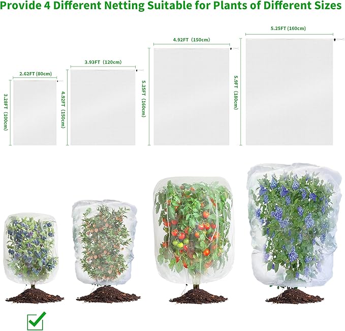 Garden Mesh Netting with Drawstring,Plants Cover Protection from Anti Birds,Bugs,Cicadas,and Insects-Pest Barrier Bag for Blueberry Bushes,Citrus,Tomatoes,Vegetables,Fruit Tree and Orange